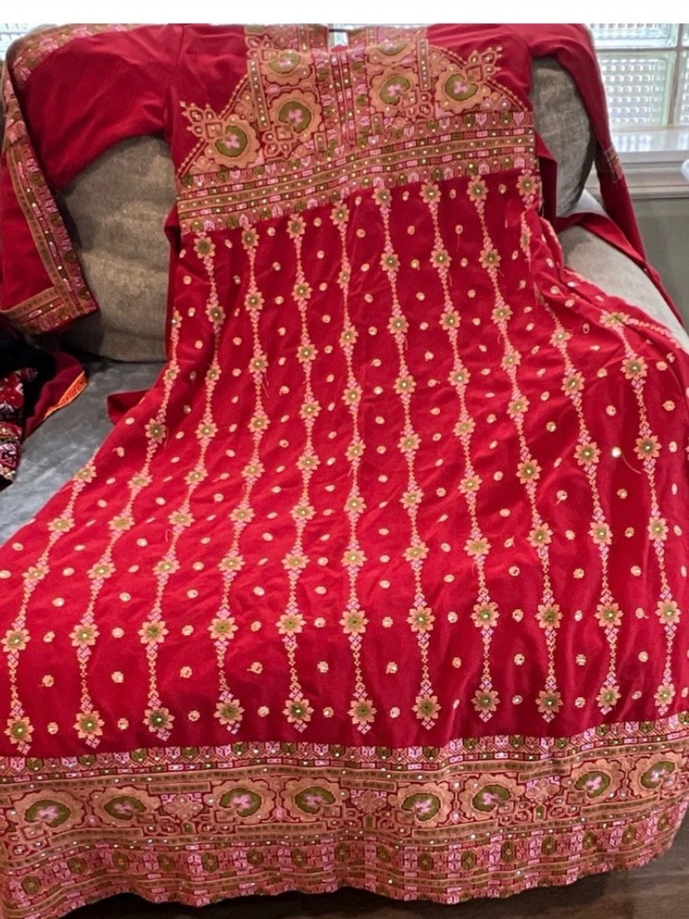 Red Embroidered Maxi Dress with Pink and Green Accents